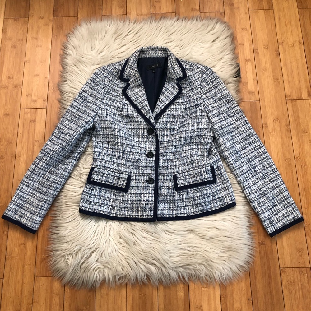 Talbots Tweed Contrast Trim Blue White Fitted Blazer Jacket Womens size 8
